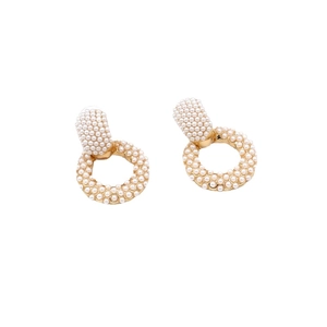 Elegant gold round hoop earrings with inlaid white pearls in a baroque vintage style