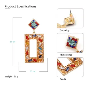 Bohemian geometric drop earrings with multicolor rhinestones and seed beads in gold alloy