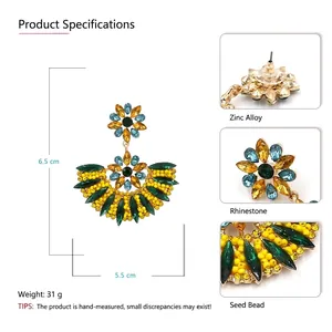 Colorful Bohemian floral drop earrings with rhinestones and beads, size 6.5cm x 5.5cm