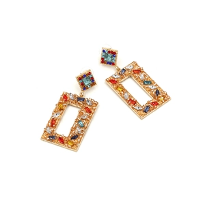 Luxurious geometric gold alloy earrings with multicolored rhinestones in rectangular design