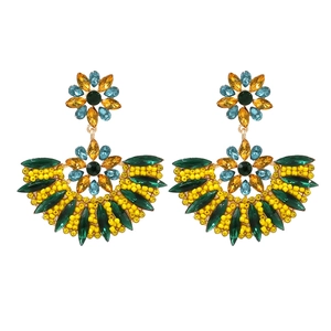 Bohemian Fan Shaped Drop Earrings Alloy Colorful Rhinestone Flower Statement Jewelry For Women