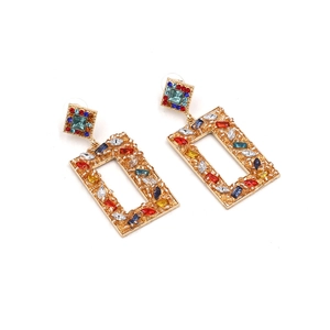 Geometric gold-tone drop earrings with colorful rhinestones in a vintage aesthetic