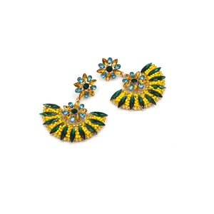 Baroque style fan-shaped drop earrings with colorful rhinestones and seed beads in gold