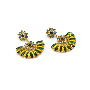 Bohemian colorful bead flower earrings with fan-shaped crystal drops and gold base