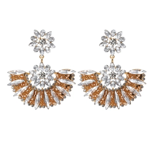 Baroque style gold fan-shaped drop earrings with clear rhinestones and floral stud detail