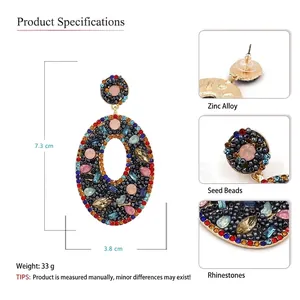 Boho-Ohrringe mit bunten Strasssteinen und Perlen in ovaler Form, 7,3 cm x 3,8 cm