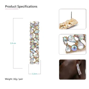 Minimalist gold geometric rectangular earrings with colorful rhinestones and size guide