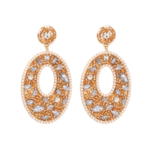 Goldene ovale Tropfenohrringe mit weißen Perlen und Kristall-Strasssteinen im Vintage-Stil