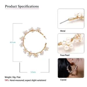 Handmade gold wire hoop earrings with white pearls and crystals, 6.0cm floral wreath design