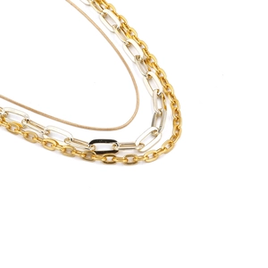 Détail d'un collier à trois couches dorées et argentées avec différents styles de mailles