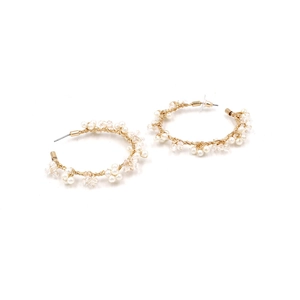 Handmade gold hoop earrings with wrapped white pearls and clear faceted crystals