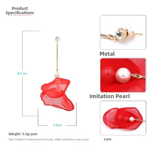 Detail view of red lace flower earrings with pearls and dimensions showing 8.5cm length