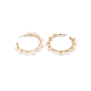 Handmade gold hoop earrings with wrapped white pearls and clear crystal beads