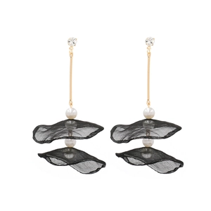 Elegant long fringe earrings with black lace floral fabric and white pearls on gold stems