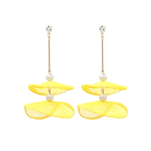 Elegant yellow lace flower long earrings with white pearls and gold tassel drop details