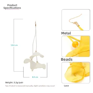 Detailed view of long white lace flower earrings with beads and 19cm length measurement