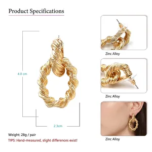 Golden twisted rope oval hoop earrings in zinc alloy, dimensions 4.0cm x 2.3cm