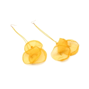 Detailed macro view of yellow layered organza flower tassel earrings with golden hooks