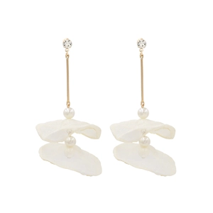 Elegant long lace flower earrings with white pearls and gold metal tassels on white background