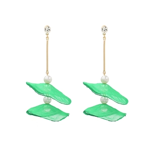 Long gold tassel earrings with light green lace flower petals and elegant faux pearls