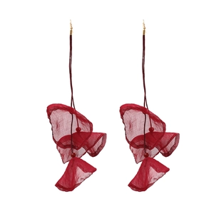 Long burgundy lace flower tassel drop earrings with gold hooks on a white background
