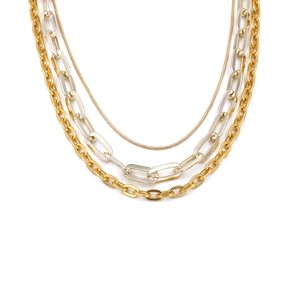 Collier triple rang bicolore avec chaîne serpent dorée et maillons trombone argentés