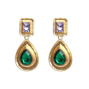 Boucles Oreilles Pendantes Goutte Eau Rétro Avec Alliage Or Martelé Et Cristal Violet Vert Style Palais Vintage