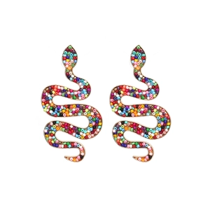 Handcrafted snake earrings with colorful beads on gold alloy frames in a vintage style