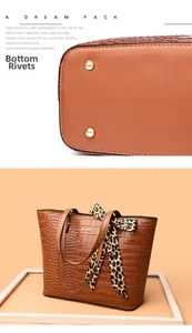 Macro view of bottom protective rivets on brown embossed leather tote with leopard scarf
