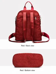 Detail view showing red corduroy backpack back and bottom with anti-theft zipper pocket