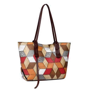 Grande borsa tote con pannelli in pelle geometrici colorati e lunghi manici marroni