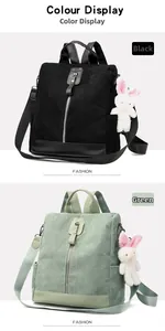 Detailed close-up of corduroy backpacks in black and sage green with plush rabbit charms