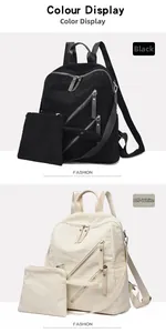 Close-up of corduroy backpack set in black and cream with matching accessory pouch