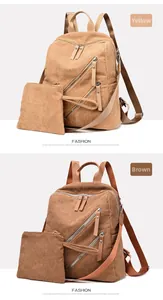 Detail view of corduroy backpack and pouch set in mustard yellow and brown colors