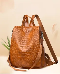 Close-up of brown crocodile pattern PU leather backpack with anti-theft back opening design