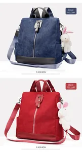 Detail of blue and red corduroy backpacks with cute plush bunny charms and zippers