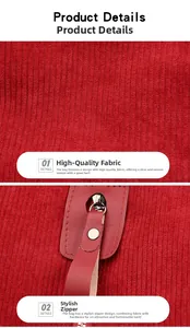 Detail of red corduroy fabric texture and leather zipper puller with silver hardware