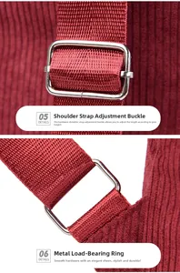 Detail of silver metal buckles and adjustable strap on dark red corduroy backpack