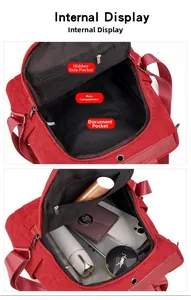 Detailed internal compartments of red corduroy backpack showing storage for phone and wallet