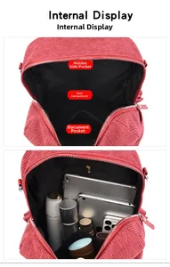 Internal view of red corduroy backpack showing compartments for iPad and daily items