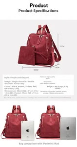 Detailed size comparison of red corduroy backpack set with iPad showing inner structure
