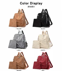 Corduroy backpack set showing six available colors with matching small pouches