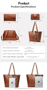 Detailed size chart for the large tote bag, shoulder bag, wallet and small coin purse set