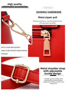 Detail of shining gold hardware components on red leather bag with lobster clasp and zipper