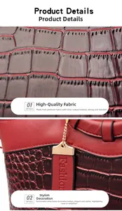 Détail d'un sac à main rouge avec gaufrage crocodile, texture cuir et logo fashion