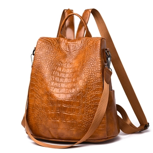 Detail of brown crocodile pattern PU leather backpack with detachable shoulder strap
