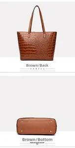 Brown crocodile embossed tote bag showing plain back and bottom with protective metal studs