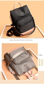 Détail des sacs à dos en nylon imperméable avec design color-block rose et gris chic