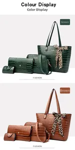 Detail of 4-piece crocodile pattern tote bag set with leopard scarf in green and brown