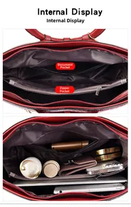 Aperçu de l'intérieur du sac rouge effet crocodile avec compartiments tablette et mobile